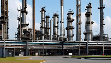 Industrial oil refinery with storage tanks and steel pipelines in a petrochemical zone