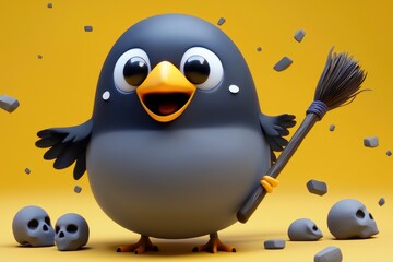 Poster - Cute Cartoon Bird Holding a Broom with Skulls on a Yellow Background