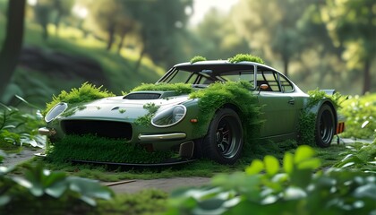 Eco-friendly vehicle revitalization with lush greenery emphasizing greenwashing awareness