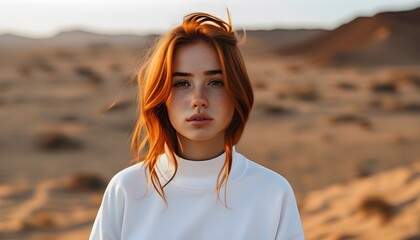 Redhead girl in white crewneck sweatshirt amidst vast desert landscapes