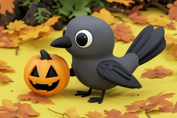 Sticker - Cute Cartoon Bird Holding a Pumpkin for Halloween