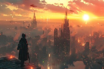 Wall Mural - A figure stands on a rooftop overlooking a futuristic city at sunset.