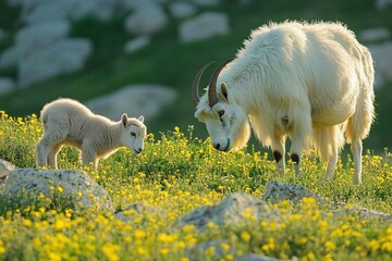 A mother mountain goat and her kid graze in a field of wildflowers.