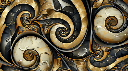 Wall Mural - Abstract swirl pattern in metallic gold, silver and black.