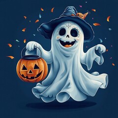 Poster - Friendly Ghost with Pumpkin Trick or Treat Bucket for Halloween