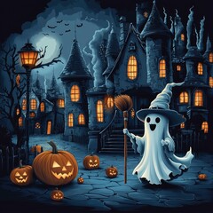 Canvas Print - Happy Ghost in a Haunted Town on Halloween Night