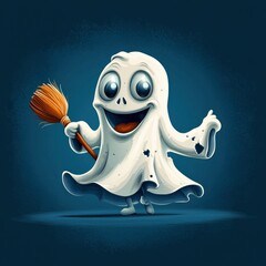 Canvas Print - Friendly Cartoon Ghost Holding a Broom