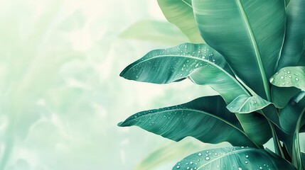 Wall Mural - tropical banana leaves with water droplets, exotic flat design, side view, nature s beauty, water color, colored pastel