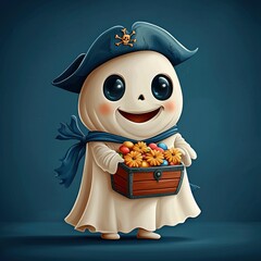 Poster - Cute Ghost Pirate Holding a Treasure Chest with Flowers