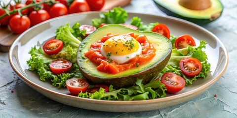 Wall Mural - Avocado egg, tomato sauce and fresh salad on a plate, avocado, egg, tomato, sauce, fresh, salad, healthy, nutritious