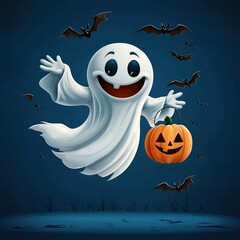 Sticker - Friendly Ghost Holding a Jack-o'-Lantern on Halloween Night