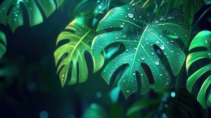 Wall Mural - monstera leaves with morning dew, tropical garden flat design, side view, nature s beauty, animation style, vivid colors