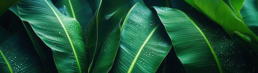 Wall Mural - tropical banana leaves with sparkling water droplets, flat design, front view, lush greenery, water color, Split-complementary Color Scheme