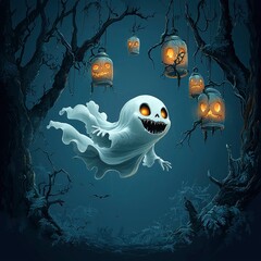 Poster - Friendly Ghost with Jack-O-Lantern Lights in the Forest