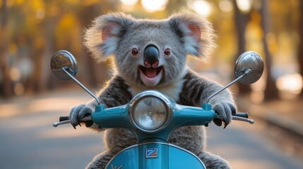 Funny portrait of happy koalas riding a blue vintage Vespa scooter in Australia with wide eyes and open mouths, Australian landscape in the background, humorous animal concept.

