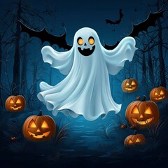 Sticker - Friendly Ghost Flying Through Haunted Forest With Jack-O-Lanterns