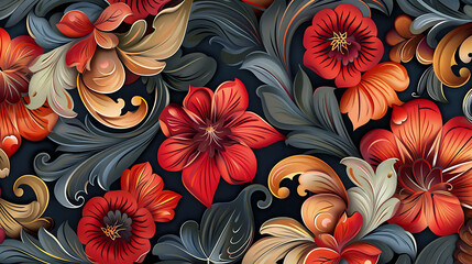 Sticker - Intricate floral pattern with vibrant red, orange, and gold flowers against a dark blue background.