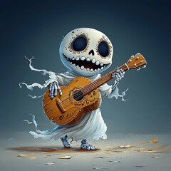 Canvas Print - Skeleton Playing Guitar in White Ghost Costume