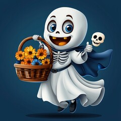 Poster - Cute Ghost Holding Basket of Flowers and Skull