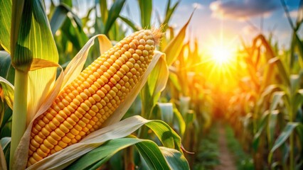 Wall Mural - Ear of corn illuminated by sunlight in a farm field, corn, agriculture, sunny, golden, crop, harvest, plant, rural