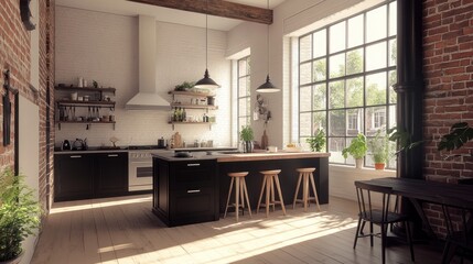 Modern Kitchen with Exposed Brick and Large Windows