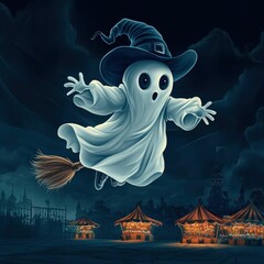 Sticker - Ghostly Witch Flying Over Halloween Carnival