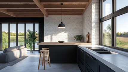 Wall Mural - Modern Kitchen with Exposed Brick Wall and Window View