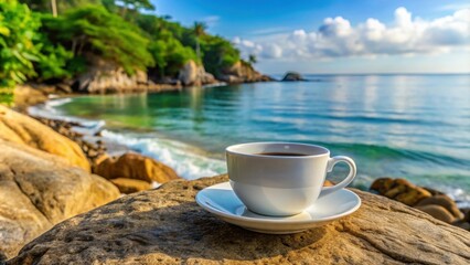 Wall Mural - Coffee cup on saucer placed on a rock overlooking the beach, ocean, and foliage , coffee, espresso, mug, saucer, rock, beach