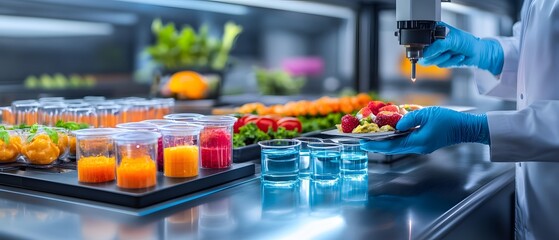 A professional chef preparing colorful dishes and beverages in a modern kitchen, showcasing fresh ingredients and vibrant plating.