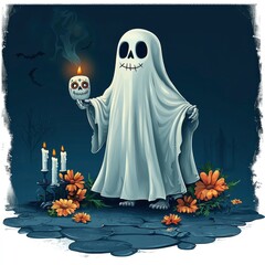 Sticker - Friendly Ghost with a Skull Candle