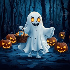 Sticker - Friendly Ghost Trick-or-Treating in a Spooky Forest