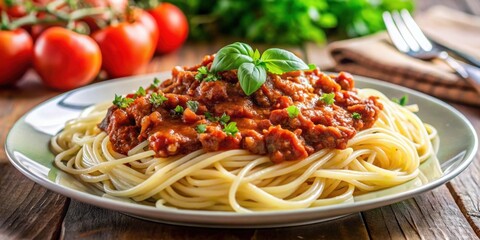 Wall Mural - A mouthwatering plate of hot spaghetti bolognese topped with savory meat sauce , Italian, classic, delicious