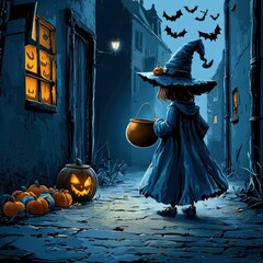 Canvas Print - Little Witch Trick or Treating on Halloween Night