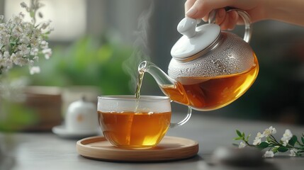 Hands gracefully pouring tea in a calm, mindful setting, symbolizing inner peace and focus Wellness, Tea ceremony, mindfulness