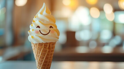 a happy smiling ice cream in a cone with copy space