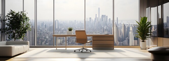 Wall Mural - 4. **a minimalist office space with large windows overlooking a city skyline. the interior features 