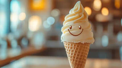 a happy smiling ice cream in a cone with copy space