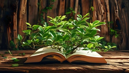 Books Blossoming Life Among Lush Greenery on Rustic Wooden Tabletop