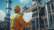 © Piyawat - a man worker power plant factory holding blueprint pointing check construction plan power plant