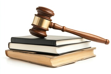 Wooden gavel and legal books on white background, isolated with soft shadow, justice concept illustration.