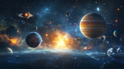 beautiful space background with planets of the solar system and galaxy.