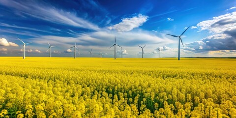 Blooming yellow canola field with wind turbines in the countryside, canola, yellow, field, blooming