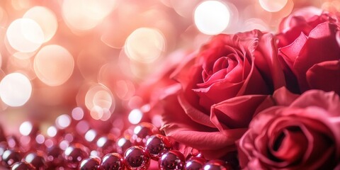 Wall Mural - A bouquet of pink roses adorned with heart decorations and soft glowing lights, set against a blurred pink background, evoking love and romance.