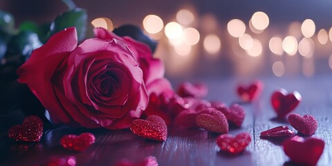 Wall Mural - Pink red roses and a sparkling heart-shaped pendant necklace placed on a delicate pink background, evoking elegance and romance.
