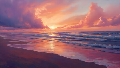 A beautiful ocean sunset with pink clouds and a sandy beach.