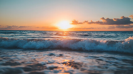 Sunset over the ocean with a wave crashing on the shore.