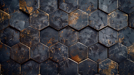 A close-up of hexagonal tiles with a dark and gold metallic finish.