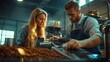 © Sinechana - 20. Dynamic shot of coffee roasters, a man and a woman, engaged in quality control of coffee beans, utilizing modern roasting machinery in a professional factory setting