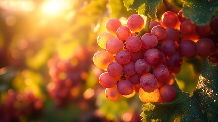 Wall Mural - A cluster of ripe red grapes hang from a vine, bathed in the warm glow of the setting sun.