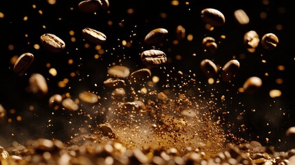 51. Dynamic explosion of roasted coffee beans in mid-air, with some beans crushed and floating, all against a black background, creating a dramatic and intense visual